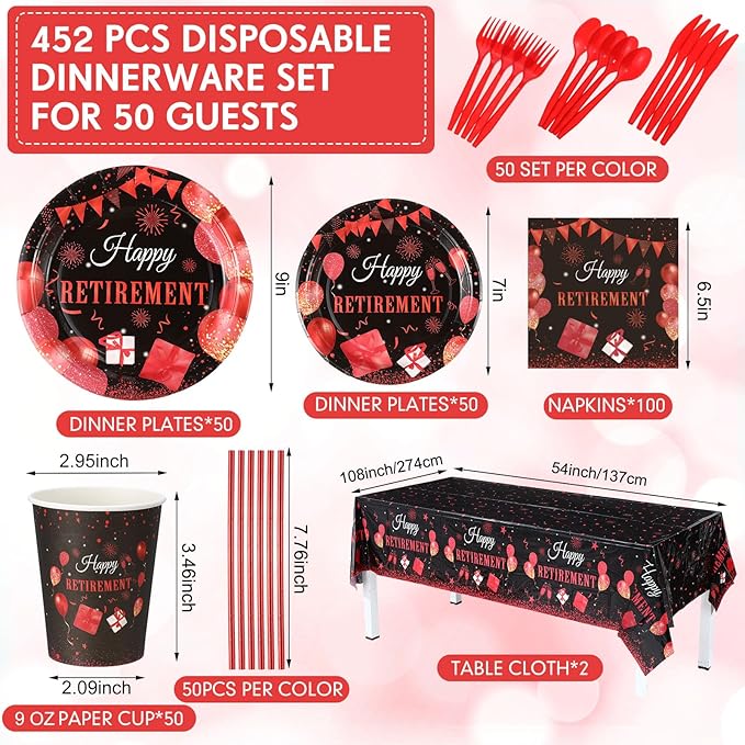 452 Pcs Retirement Party Decorations Supplies Set Include Red Black