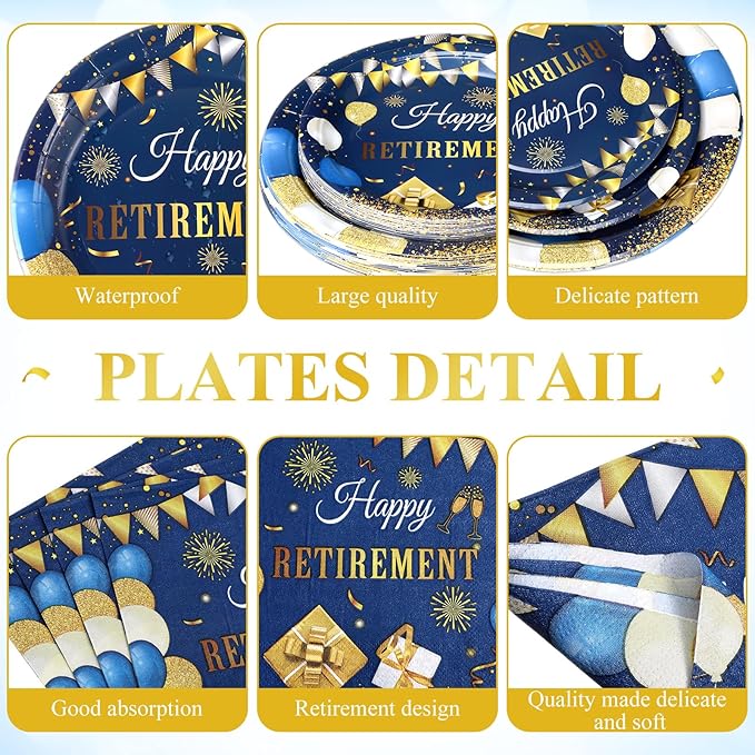 Pickmesh 194 Pcs Blue Gold Happy Retirement Party Decorations
