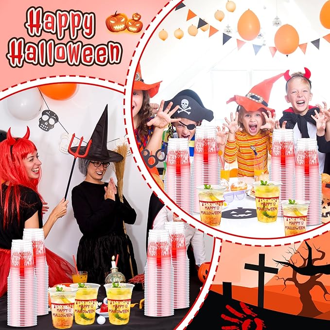 100 Pcs Halloween Plastic Cups 16 oz Clear Disposable Blood Print