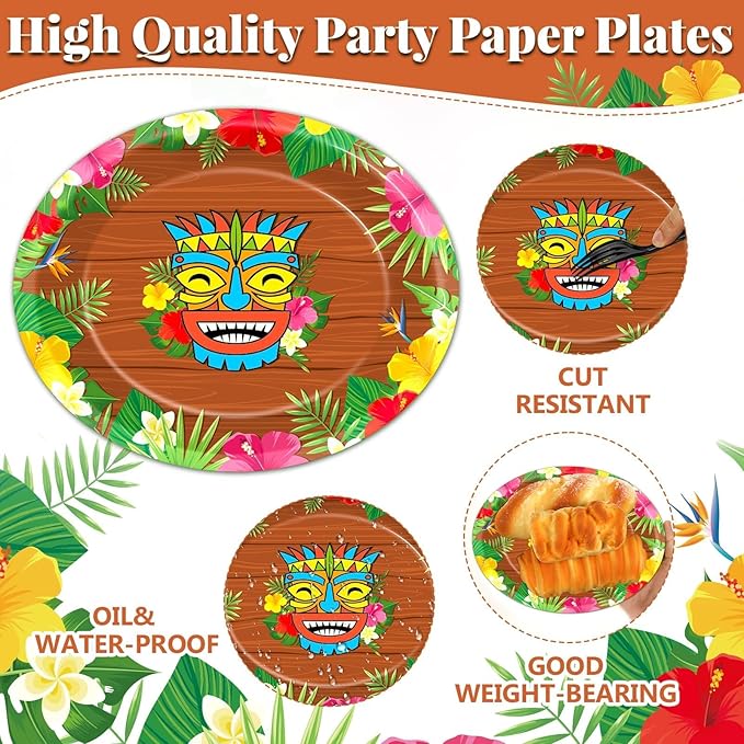 50Pcs Hawaiian Luau Oval Paper Plates 11 Inch Tiki Party Decorations