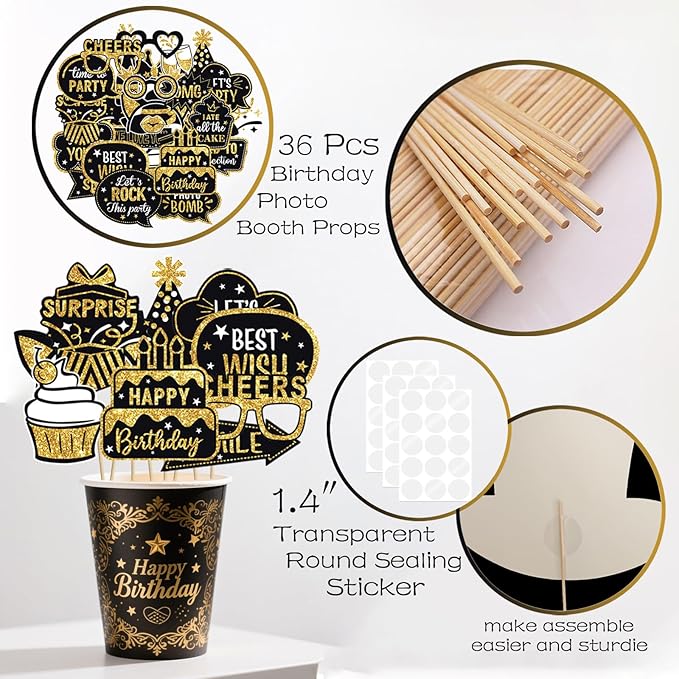 JOJO FLY 36 Pcs Birthday Photo Booth Props Kit, Black and Gold Party