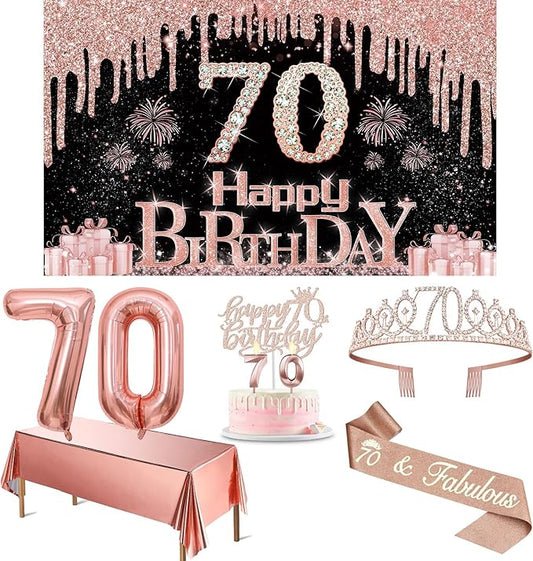 70th Birthday Decorations for Women with Banner Rose Gold Tablecloth