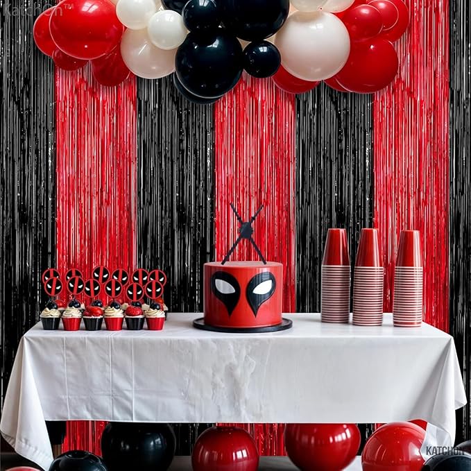 KatchOn Red and Black Fringe Curtain - 6.4x8 Ft Pack of 2 | Red and