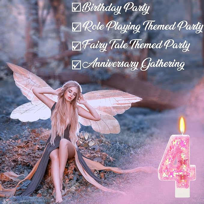 Pink Birthday Candles - Number 4 Candle for Birthday Girl, Butterfly