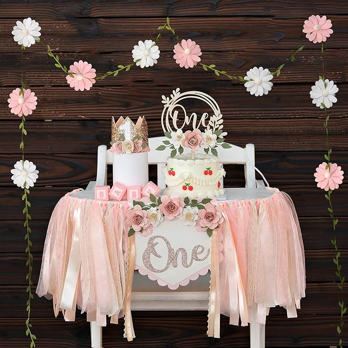First Birthday Decorations for Girl Light Pink High Chair Banner One