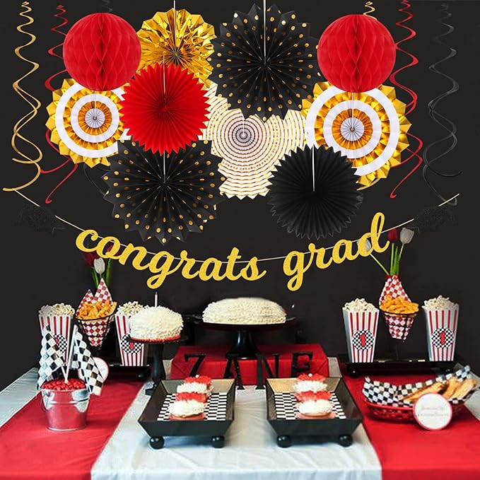 Red-Black Gold Party-Decorations Graduation Banner-Streamers - 18pcs