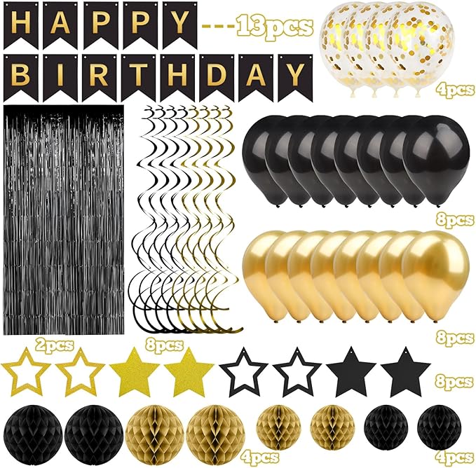 Black Gold Birthday Decorations for Men Women, Recosis Balloons in
