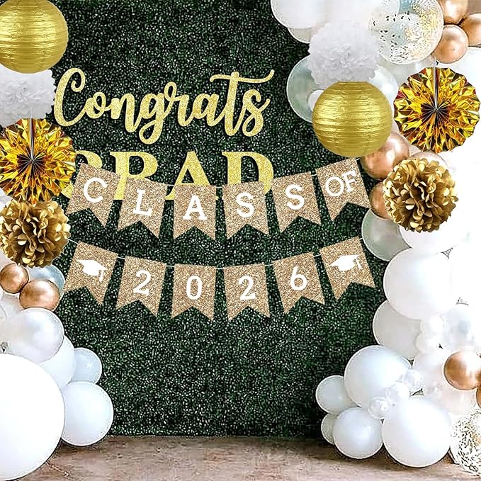 Gold Graduation Party Decoration Class Banner Hanging Pom Poms