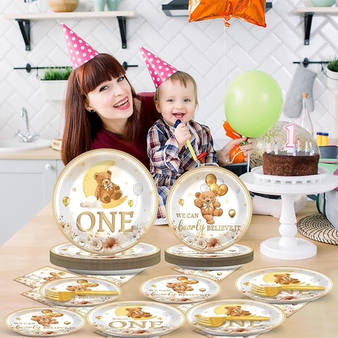 96Pcs Beary First Birthday Decorations Plates Sets 1st Teddy Bear