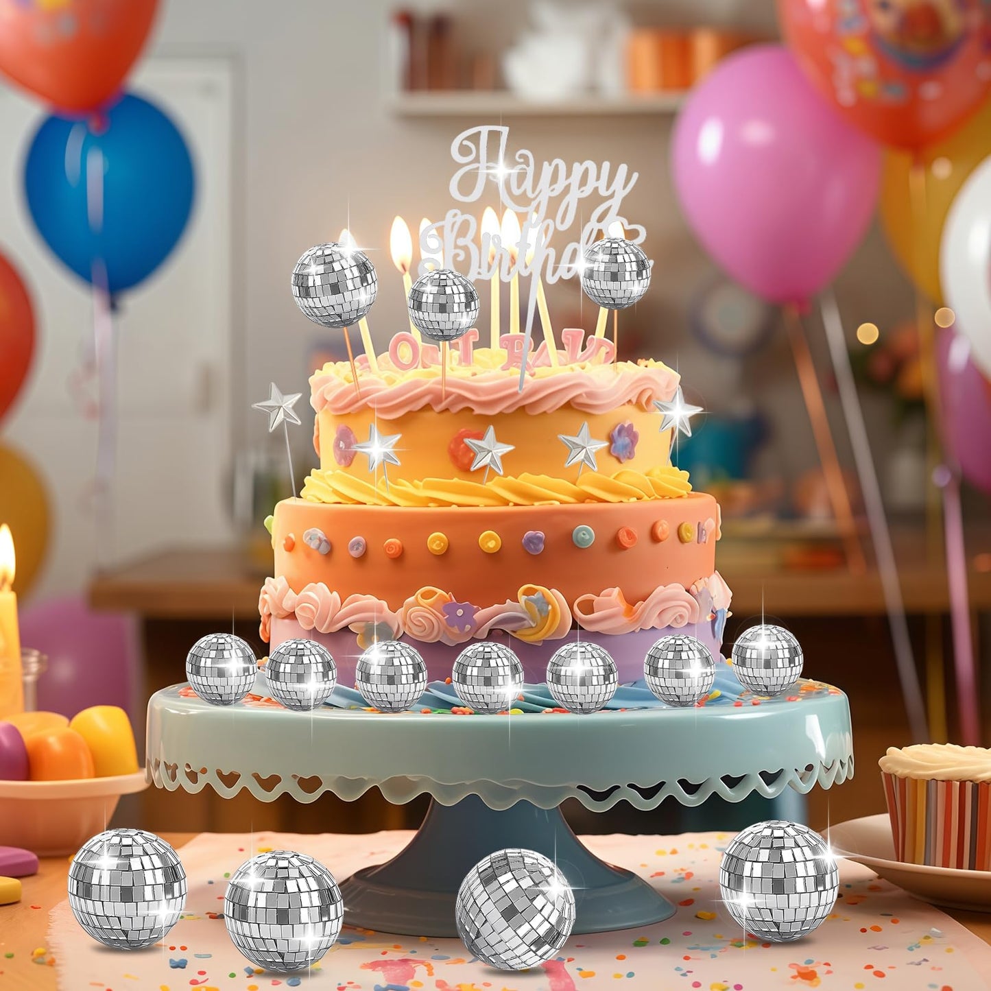 28 Pcs Disco Ball Cake Topper Retro 1970s Disco Ball Cupcake Toppers