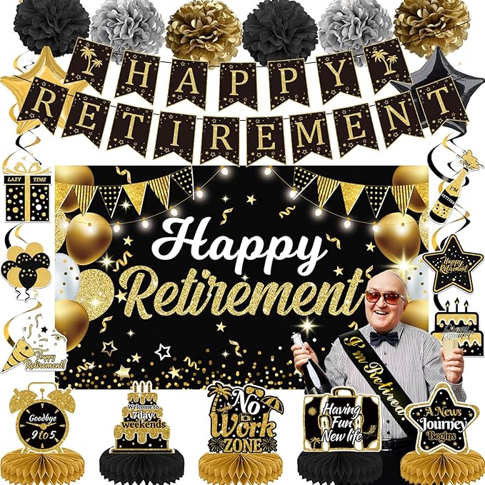 22Pcs Retirement Party Decorations for Men Women Black and Gold