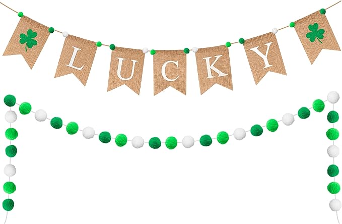2PCS St Patrick's Day Burlap Banner Felt Ball Garland Set Shamrock