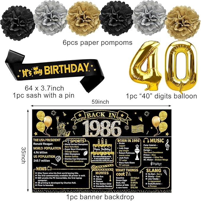 40th Birthday Decorations for Men Women 21pcs the Year 1986 Banner