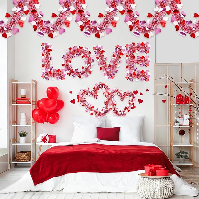 66 FT Valentine's Day Tinsel Garland Decor Red White Pink Heart