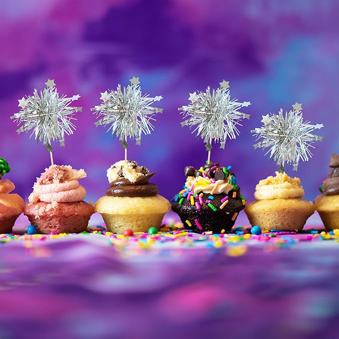 Gyufise 30Pcs Foil Firework Cupcake Toppers Sparkle Tinsel Star Cake