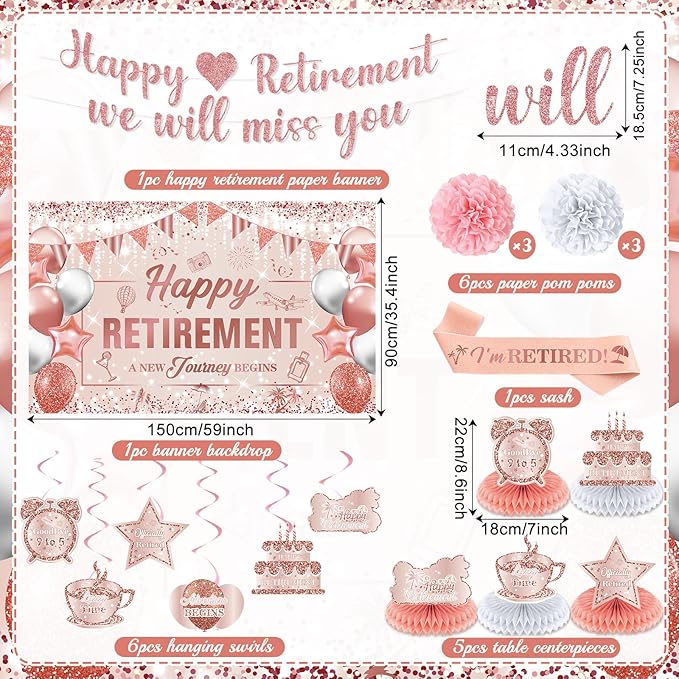 20pcs Retirement Party Decorations for Women Pink Rose Gold Happy