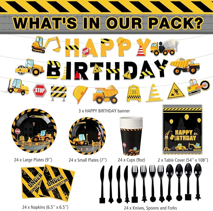 173 Pcs Construction Birthday Party Supplies Serves 24 Include