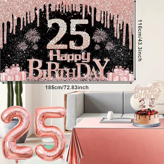 25th Birthday Decorations for Women with Banner Rose Gold Tablecloth