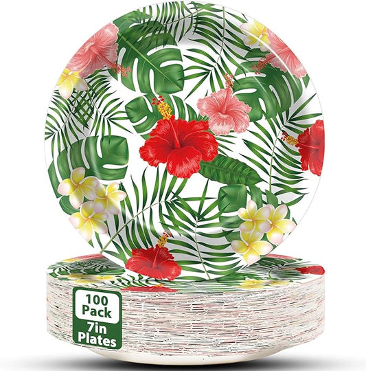 100pcs 7inch Aloha Floral Plates Hawaiian Luau Party Supplies