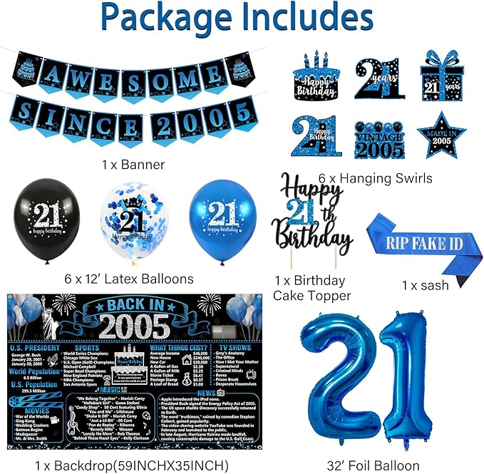 21st Birthday Decorations for Him Black Blue Back in 2005 Birthday
