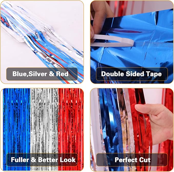 PIGETALE, 2 Pack 3.2 x 8.2 ft Red White and Blue Foil Fringe Backdrop