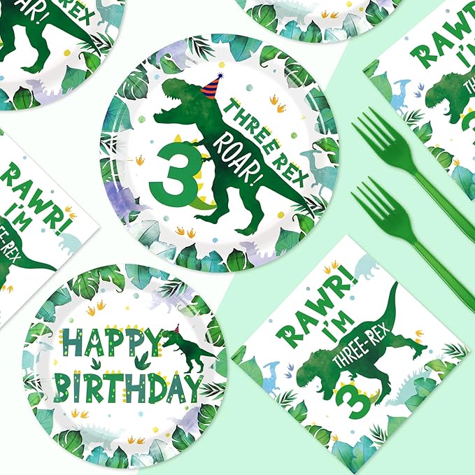96 PCS Dinosaur 3rd Birthday Party Supplies 350 GSM 3 Rex Dinosaur