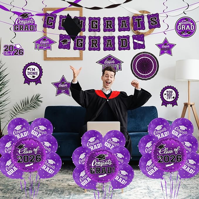 Purple Themed 2026 Graduation Decorations Set - Congrats Grad Banner,