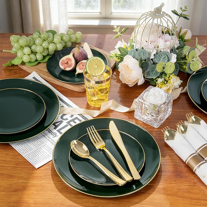 KIRE 350PCS Green Plates Disposable - Heavy Duty Green and Gold