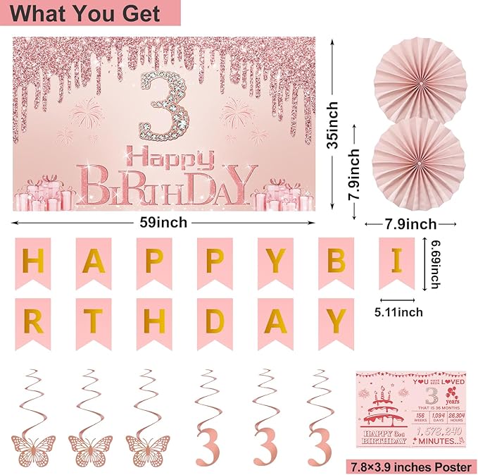 3rd Birthday Decorations for Girls 32PCS 3 year old Birthday Party