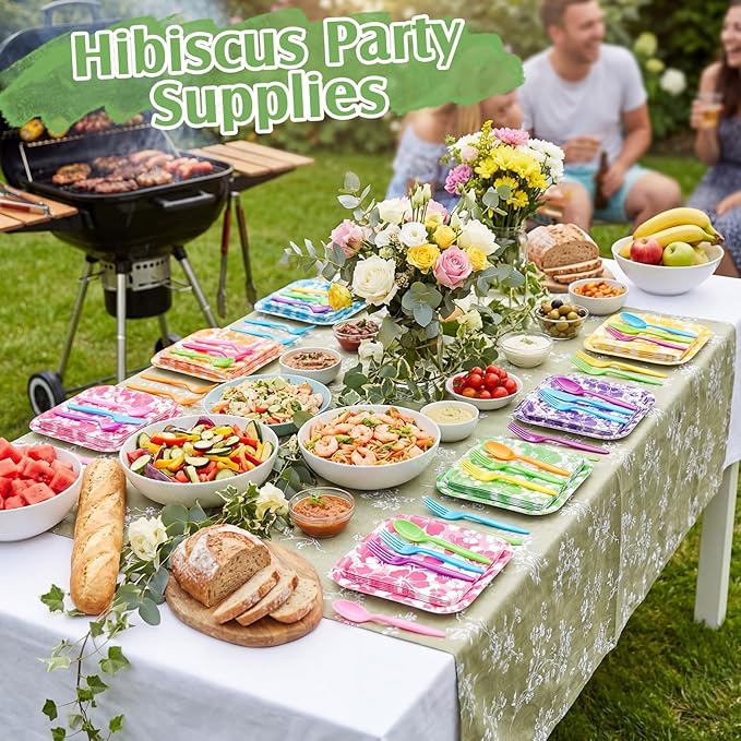240 Pcs Hibiscus Party Square Plates and Napkins Hawaiian Theme