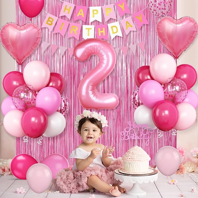 2nd Birthday Decorations for Girls Hot Pink Balloons with Happy