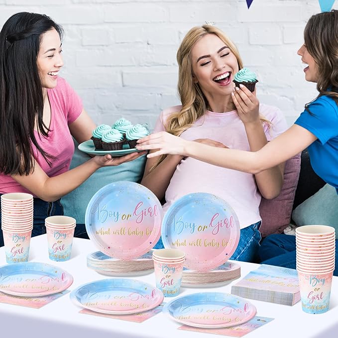 200 Pcs Gender Reveal Baby Shower Paper Plates Napkins Cups Baby