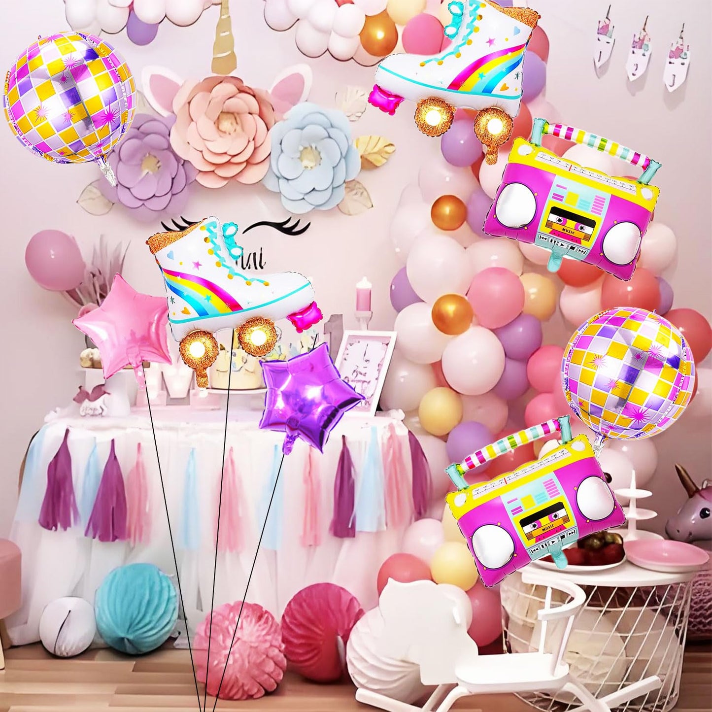 8 PCS Disco Balloons Radio Boombox Roller Skate Balloons for 80s 90s
