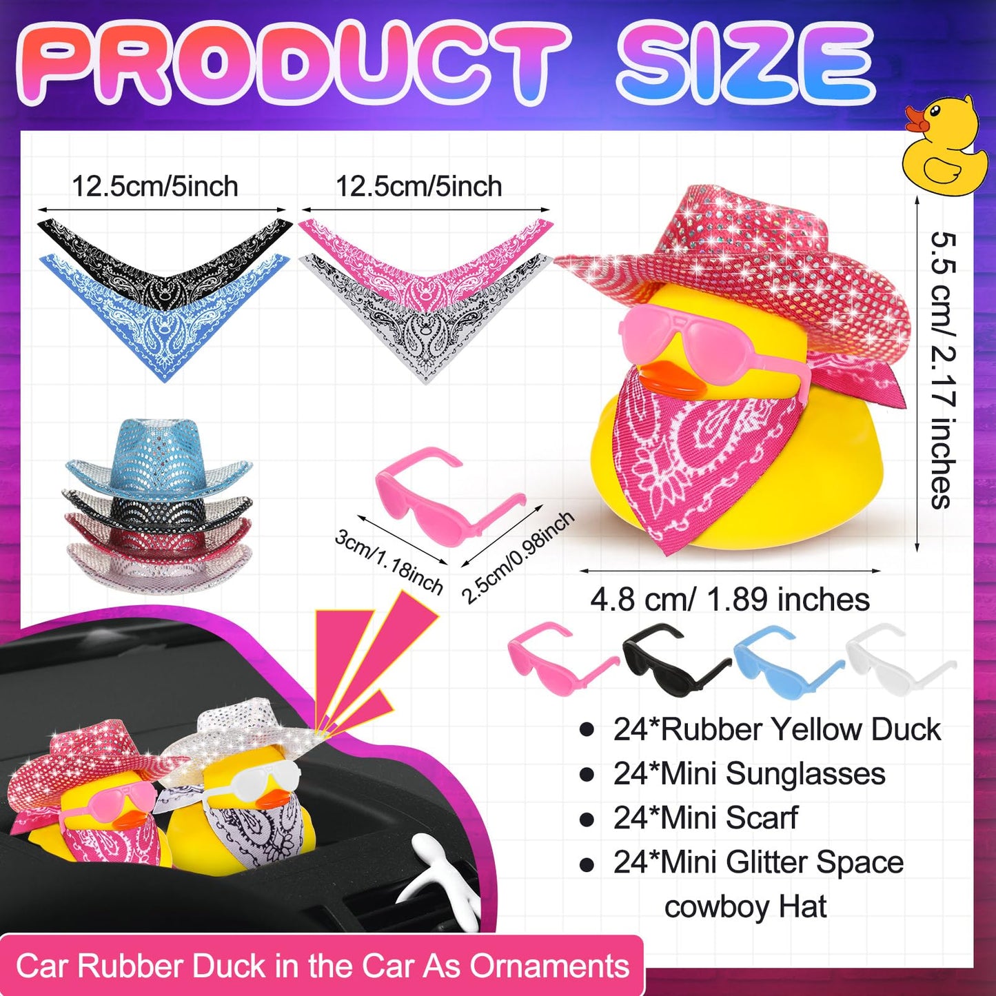 Hanaive 24 Sets Cowboy Rubber Duck Light up Mini Holographic Space