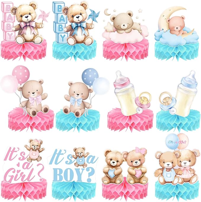 Bear Gender Reveal Decorations Includes 12pcs Pink and Blue Bear