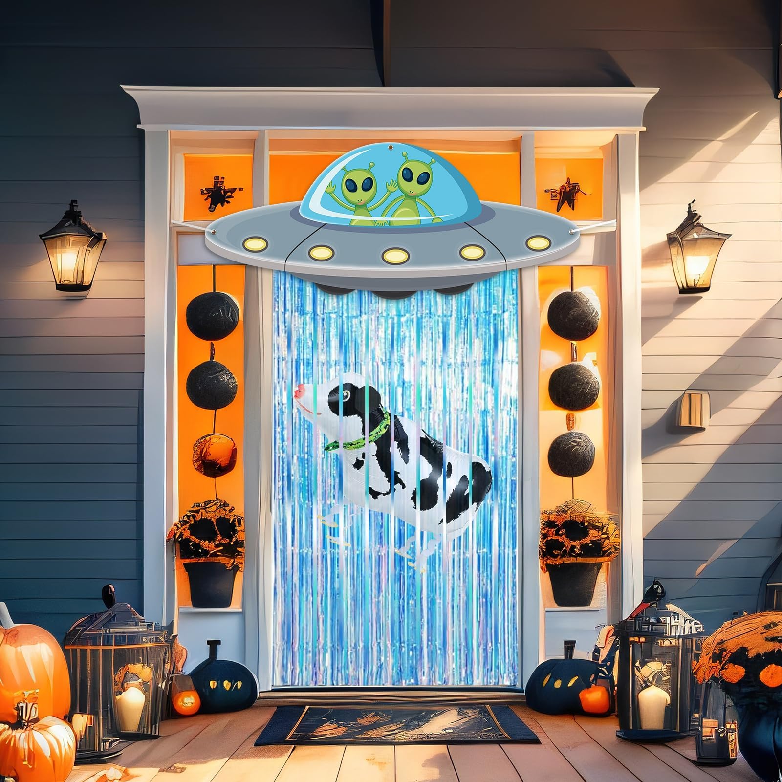 Alien Door Curtains with Tinsel Foil Fringe Curtain Cow Balloon Alien