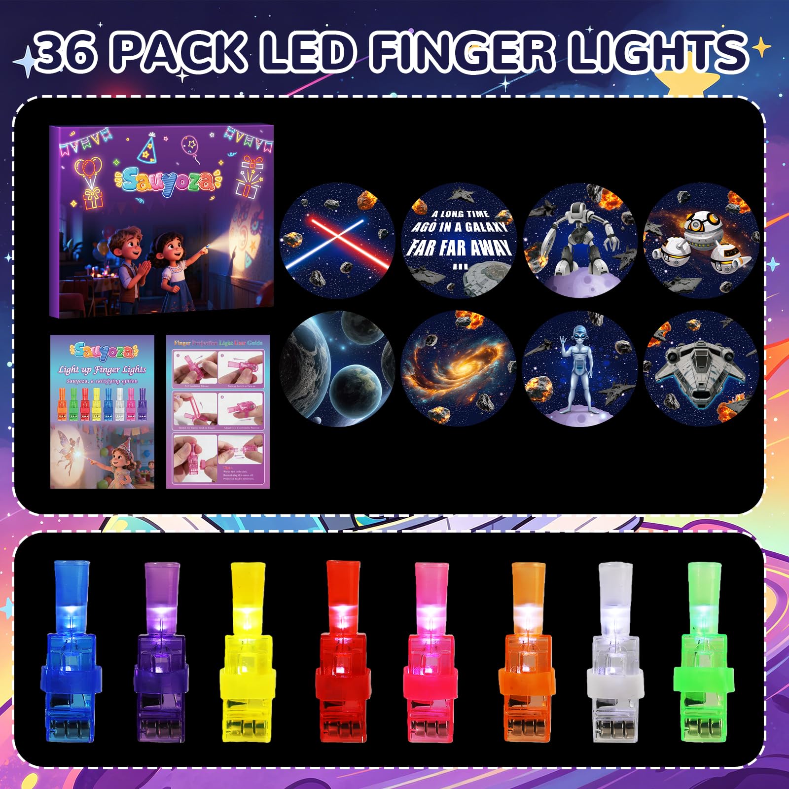 36 Pack Space Party Favors LED Finger Lights for Boys, Star