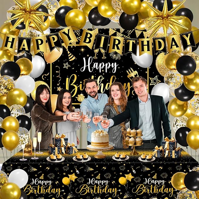 Black Gold Birthday Party Decorations for Men Women 63Pcs Black and