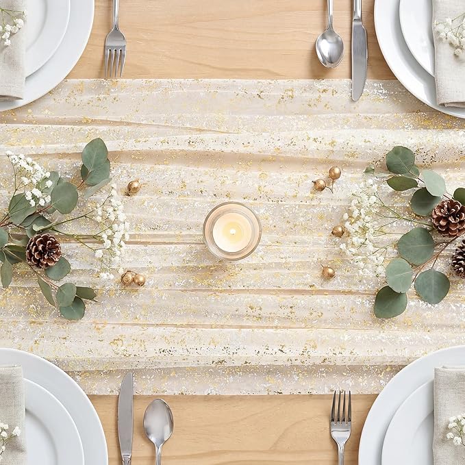 Artoid Mode Beige Gold Gauze Table Runner 59x120 Inch 10FT, Glitter