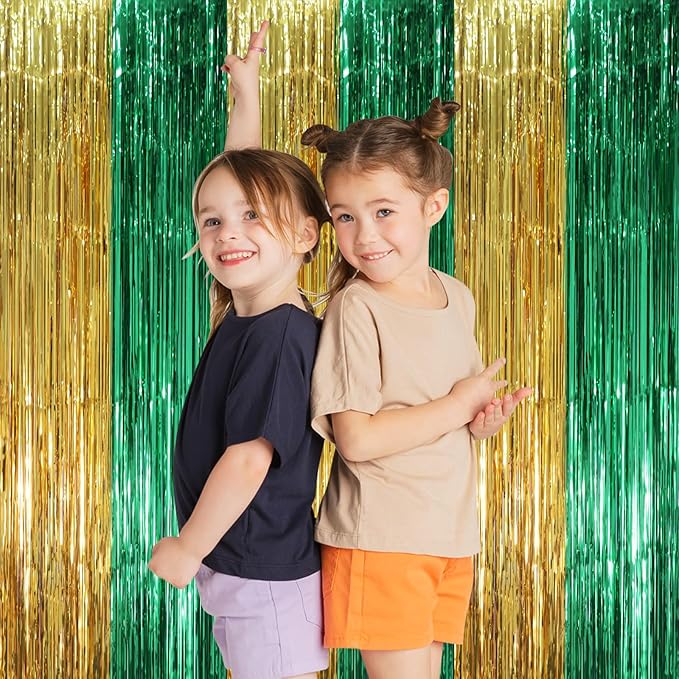 Voircoloria 3 Pack 3.3 x 8.2 ft Green and Gold Foil Fringe Backdrop