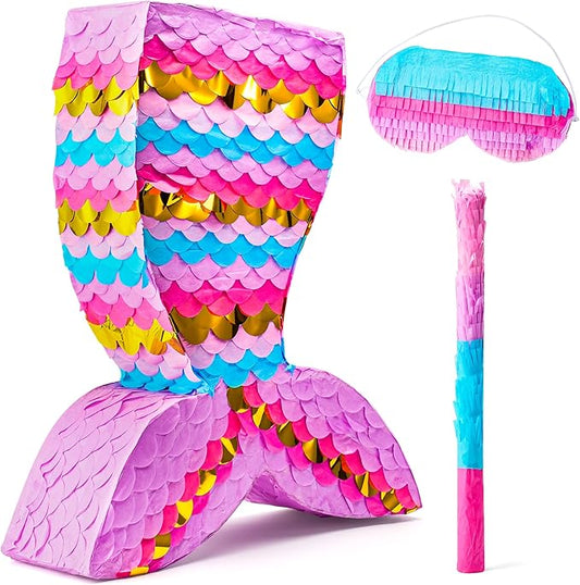 Mermaid Tail Pinata with Plastic Bat and Paper Blindfold for Fun