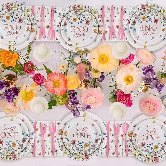 Wild and Onederful 1st Birthday Girl Plates Set 25 Guests Spring