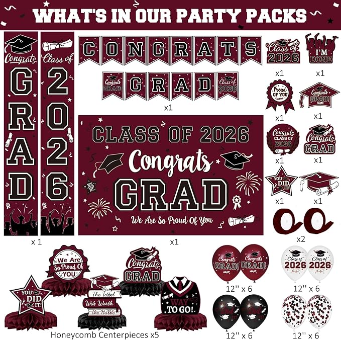 Maroon Themed Graduation Decorations Class of 2026 Congrats Grad