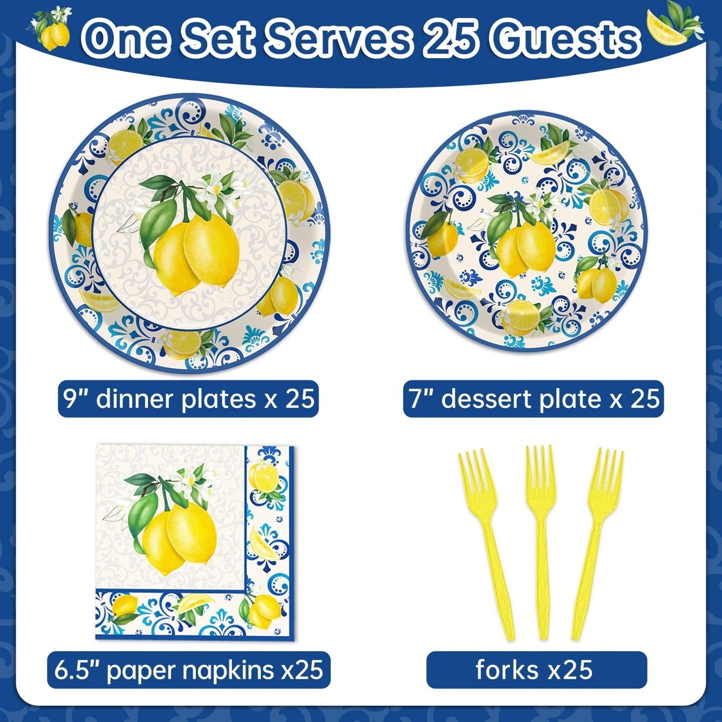 100Pcs Capri Lemon Paper Plates and Napkins Lemon Birthday Party