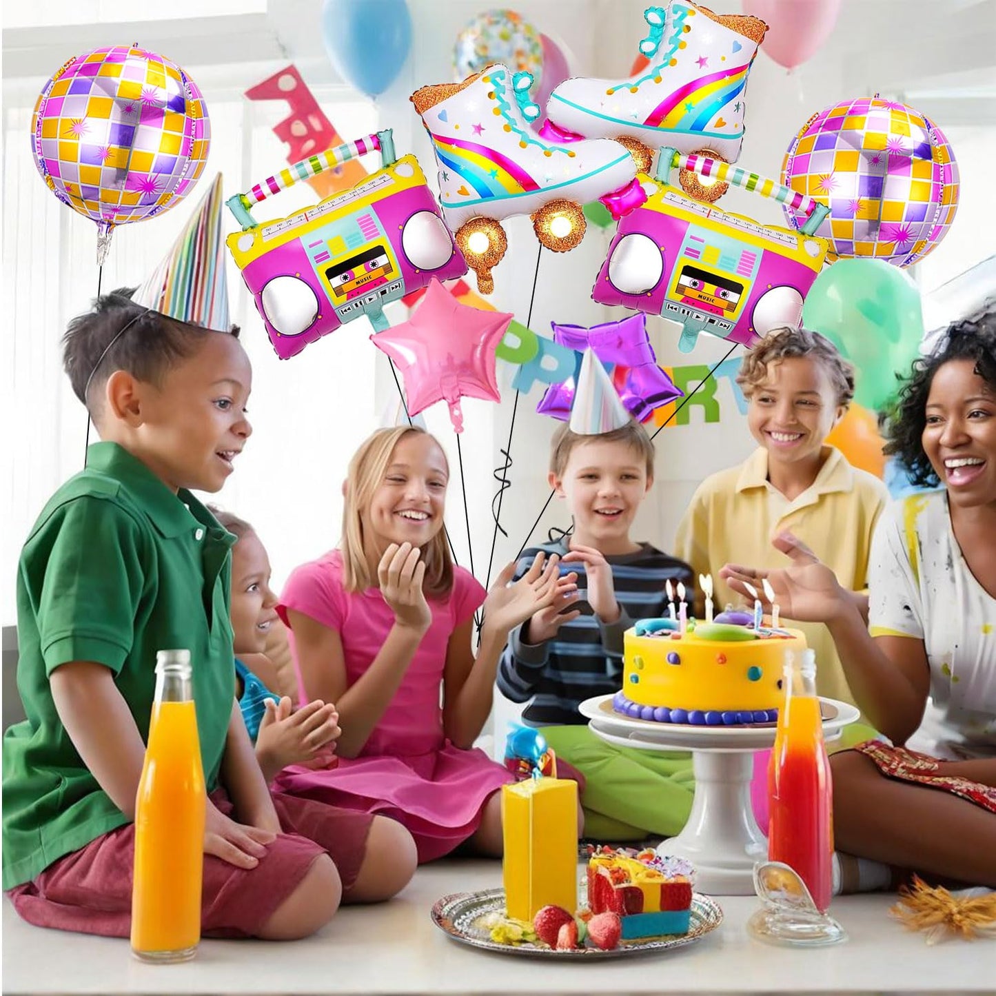 8 PCS Disco Balloons Radio Boombox Roller Skate Balloons for 80s 90s