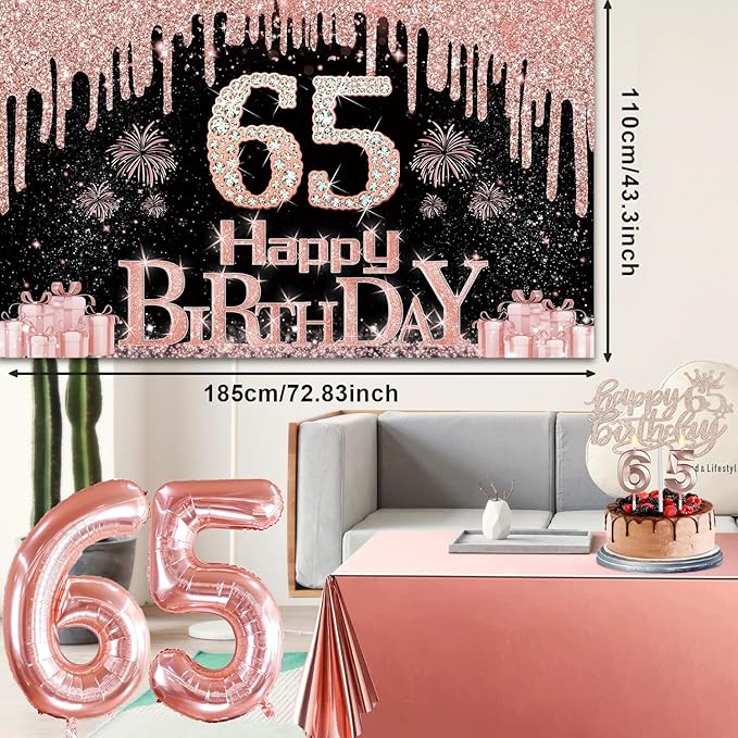 65th Birthday Decorations for Women with Banner Rose Gold Tablecloth
