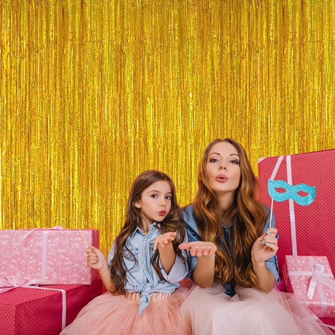 2 Pack 3.2ft x 8.2ft Gold Metallic Foil Curtains, Big Laser Glitter