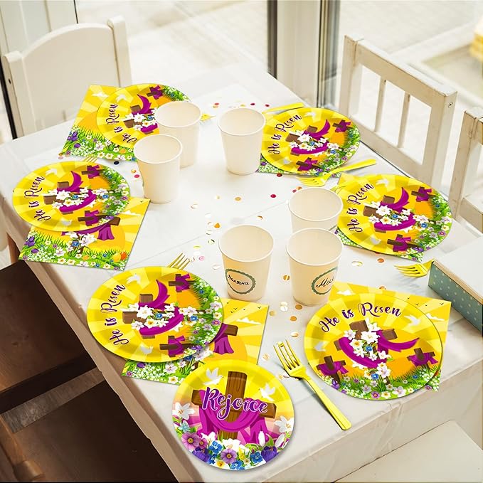 96 Pcs Easter Tableware Set He is Risen Plates Happy Easter Party