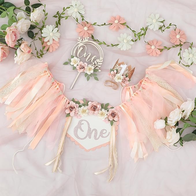 First Birthday Decorations for Girl Light Pink High Chair Banner One