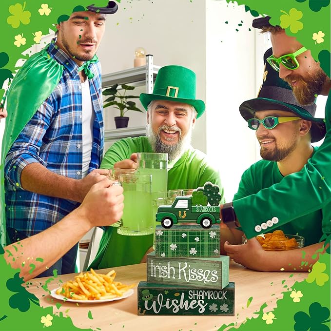 4 Pcs St Patrick's Day Table Decoration Wooden Shamrocks Truck St